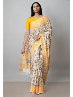Unnati Silks - White Pure Block Printed Cotton Saree with Kalamkari Unstitched Blouse UNM72952