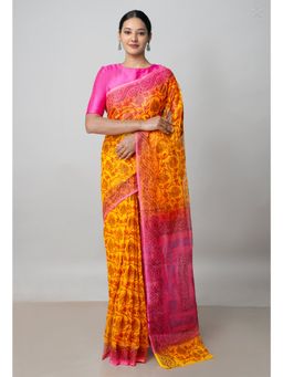 Unnati Silks - Orange Pure Block Printed Kota Saree with Kalamkari Unstitched Blouse UNM72955