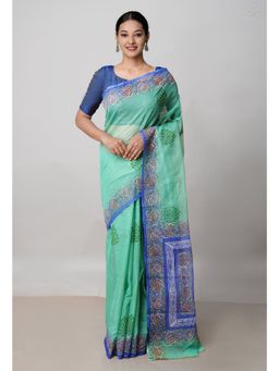 Unnati Silks - Teal Green Block Printed Kota Saree with Kalamkari Unstitched Blouse Blouse UNM72956