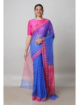 Unnati Silks - Blue Pure Block Printed Kota Saree with Kalamkari Unstitched Blouse UNM72957