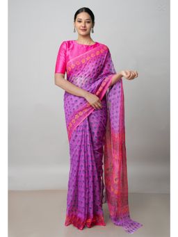 Unnati Silks - Pink Pure Block Printed Kota Saree with Kalamkari Unstitched Blouse UNM72958