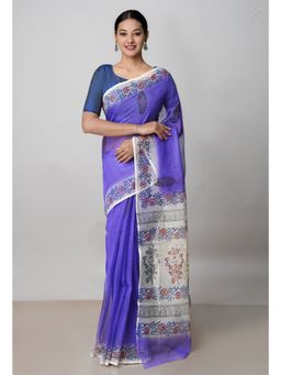 Unnati Silks - Purple Pure Block Printed Kota Saree with Kalamkari Unstitched Blouse UNM72959