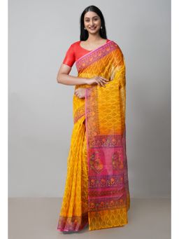 Unnati Silks - Yellow Pure Block Printed Kota Saree with Kalamkari Unstitched Blouse UNM72965