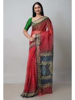 Unnati Silks - Red Pure Block Printed Kota Saree with Kalamkari Unstitched Blouse UNM72966
