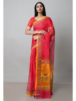 Unnati Silks - Red Pure Block Printed Kota Saree with Kalamkari Unstitched Blouse UNM72967