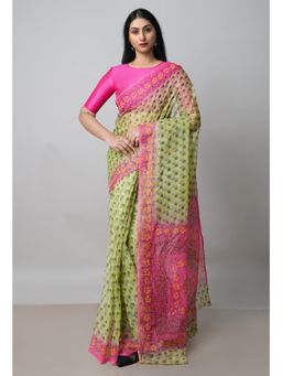 Unnati Silks - Green Pure Block Printed Kota Saree with Kalamkari Unstitched Blouse UNM72968