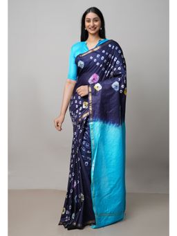 Unnati Silks - Navy Blue Batik Printed Chanderi Sico Saree UNM72991 with Unstitched Blouse
