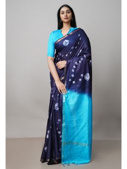Unnati Silks - Navy Blue Batik Printed Chanderi Sico Saree UNM72992 with Unstitched Blouse