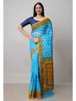 Unnati Silks - Blue Pure Block Printed Kota Cotton Saree UNM73005 with Unstitched Blouse