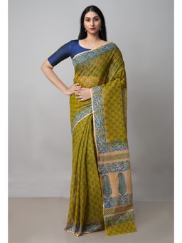 Unnati Silks - Mehndi Green Pure Block Printed Kota Cotton Saree UNM73006 with Unstitched Blouse