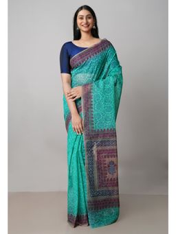 Unnati Silks - Green Pure Block Printed Kota Cotton Saree UNM73007 with Unstitched Blouse