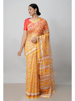 Unnati Silks - Yellow Pure Block Printed Kota Cotton Saree UNM73014 with Unstitched Blouse
