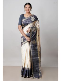 Unnati Silks - Cream Pure Handloom Bengal Ghicha Tussar Jute Saree UNM73020 with Unstitched Blouse
