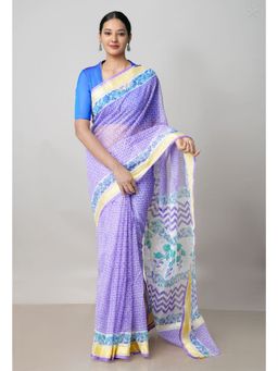 Unnati Silks - Purple Pure Block Printed Kota Cotton Saree UNM73029 with Unstitched Blouse