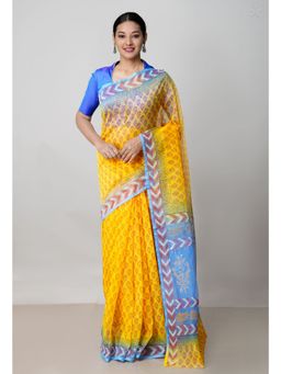 Unnati Silks - Yellow Pure Block Printed Kota Cotton Saree UNM73036 with Unstitched Blouse