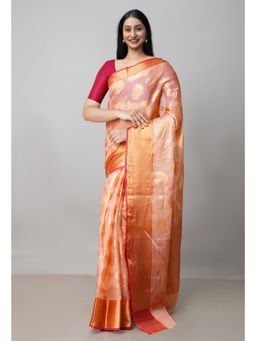 Unnati Silks - Orange Pure Banarasi Kota Cotton Saree UNM73051 with Unstitched Blouse