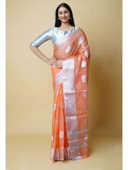 Unnati Silks - Orange Pure Banarasi Kota Cotton Saree UNM73071 with Unstitched Blouse