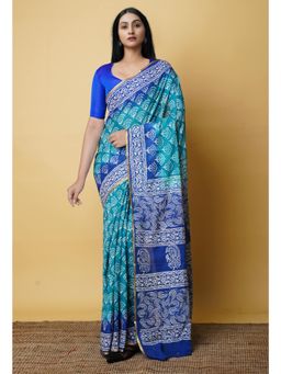 Unnati Silks - Teal Green Pure Hand Block Printed Mulmul Cotton Saree UNM73102 with Unstitched Blouse