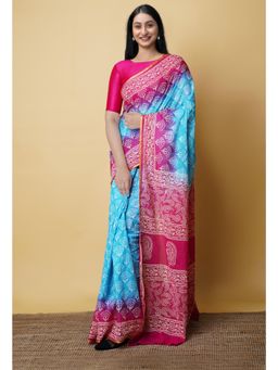 Unnati Silks - Blue Pure Hand Block Printed Mulmul Cotton Saree UNM73106 with Unstitched Blouse