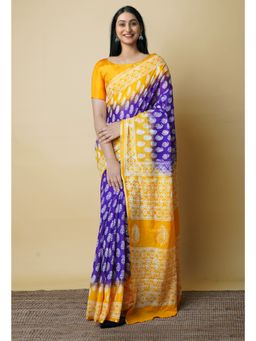 Unnati Silks - Indigo Blue Hand Block Printed Mulmul Cotton Saree UNM73107 with Unstitched Blouse
