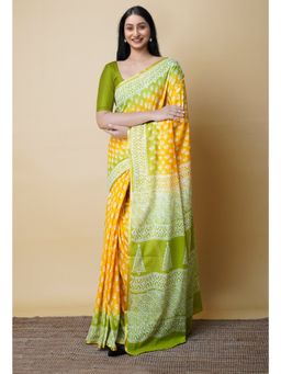 Unnati Silks - Yellow Pure Hand Block Printed Mulmul Cotton Saree UNM73110 with Unstitched Blouse