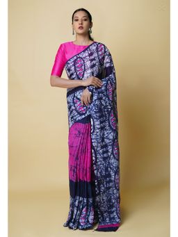 Unnati Silks - Navy Blue Pure Hand Batik Mulmul Cotton Saree UNM73111 with Unstitched Blouse