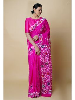 Unnati Silks - Pink Pure Hand Batik Mulmul Cotton Saree UNM73113 with Unstitched Blouse