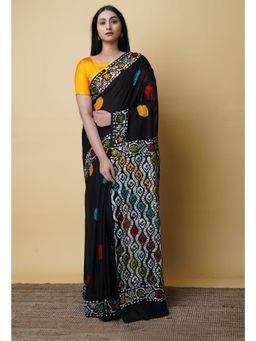 Unnati Silks - Black Pure Hand Batik Mulmul Cotton Saree UNM73114 with Unstitched Blouse