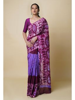 Unnati Silks - Purple Pure Hand Batik Mulmul Cotton Saree UNM73115 with Unstitched Blouse