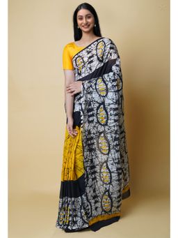 Unnati Silks - Black Yellow Pure Hand Batik Mulmul Cotton Saree UNM73116 with Unstitched Blouse