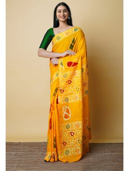 Unnati Silks - Yellow Pure Hand Batik Mulmul Cotton Saree UNM73119 with Unstitched Blouse
