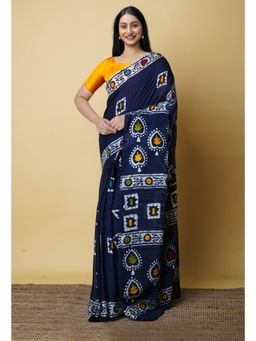 Unnati Silks - Navy Blue Pure Hand Batik Mulmul Cotton Saree UNM73121 with Unstitched Blouse