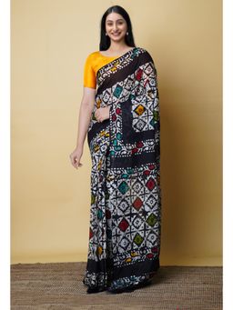 Unnati Silks - Ivory Black Pure Hand Batik Mulmul Cotton Saree UNM73122 with Unstitched Blouse