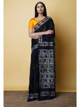Unnati Silks - Black Pure Hand Batik Mulmul Cotton Saree UNM73124 with Unstitched Blouse