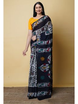 Unnati Silks - Black Pure Hand Batik Mulmul Cotton Saree UNM73129 with Unstitched Blouse