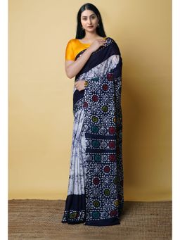 Unnati Silks - Navy Blue Pure Hand Batik Mulmul Cotton Saree UNM73135 with Unstitched Blouse