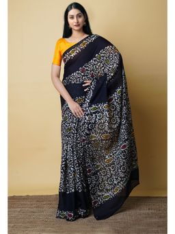 Unnati Silks - Black Pure Hand Batik Mulmul Cotton Saree UNM73136 with Unstitched Blouse