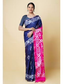 Unnati Silks - Navy Blue Pink Batik Printed Chanderi Sico Saree UNM73160 with Unstitched Blouse
