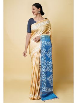 Unnati Silks - Beige Blue Batik Printed Chanderi Sico Saree UNM73182 with Unstitched Blouse