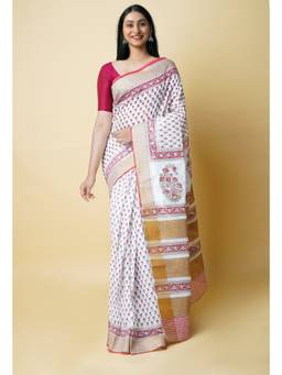 Unnati Silks - White Pure Dyed Printed Kerala Cotton Silk Saree UNM73226 with Unstitched Blouse