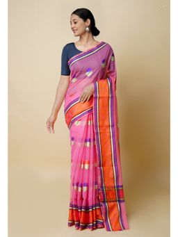 Unnati Silks - Peach Red Pure Embroidery Kota Cotton Saree UNM73228 with Unstitched Blouse