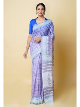 Unnati Silks - Purple Pure Block Printed Kota Cotton Saree UNM73272 with Unstitched Blouse