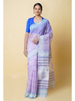 Unnati Silks - Purple Pure Block Printed Kota Cotton Saree UNM73277 with Unstitched Blouse