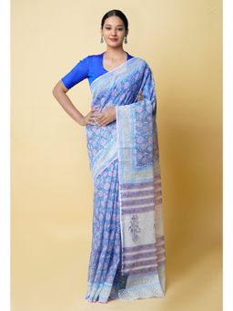Unnati Silks - Blue Pure Block Printed Kota Cotton Saree UNM73287 with Unstitched Blouse