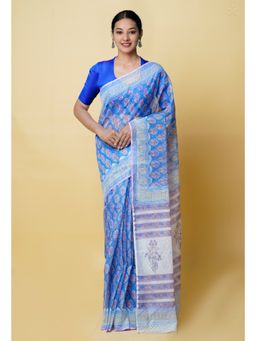 Unnati Silks - Blue Pure Block Printed Kota Cotton Saree UNM73290 with Unstitched Blouse