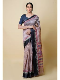 Unnati Silks - Cream Pure Dyed Printed Chanderi Sico Saree UNM73347 with Unstitched Blouse