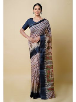 Unnati Silks - Cream Pure Dyed Printed Chanderi Sico Saree UNM73348 with Unstitched Blouse