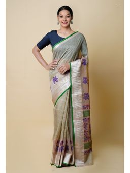 Unnati Silks - Cream Pure Dyed Printed Chanderi Sico Saree UNM73349 with Unstitched Blouse