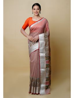 Unnati Silks - Cream & Orange Pure Dyed Printed Chanderi Sico Saree UNM73350 with Unstitched Blouse