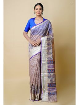 Unnati Silks - Cream & Purple Pure Dyed Printed Chanderi Sico Saree UNM73351 with Unstitched Blouse